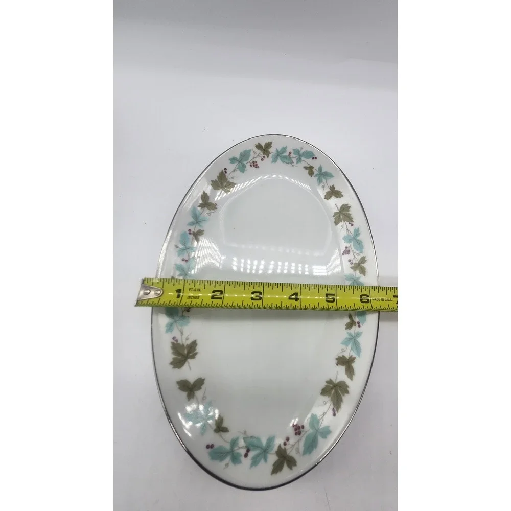 Vintage Fine China Japan 6701 Oval Platter Teal Green Leaf Berry Silver Rim 10